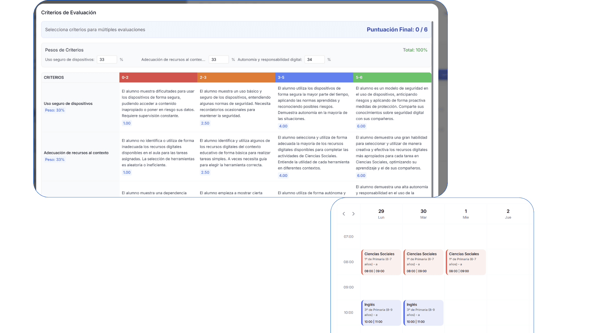 Rúbricas de evaluación y horarios en la plataforma educativa EduNova