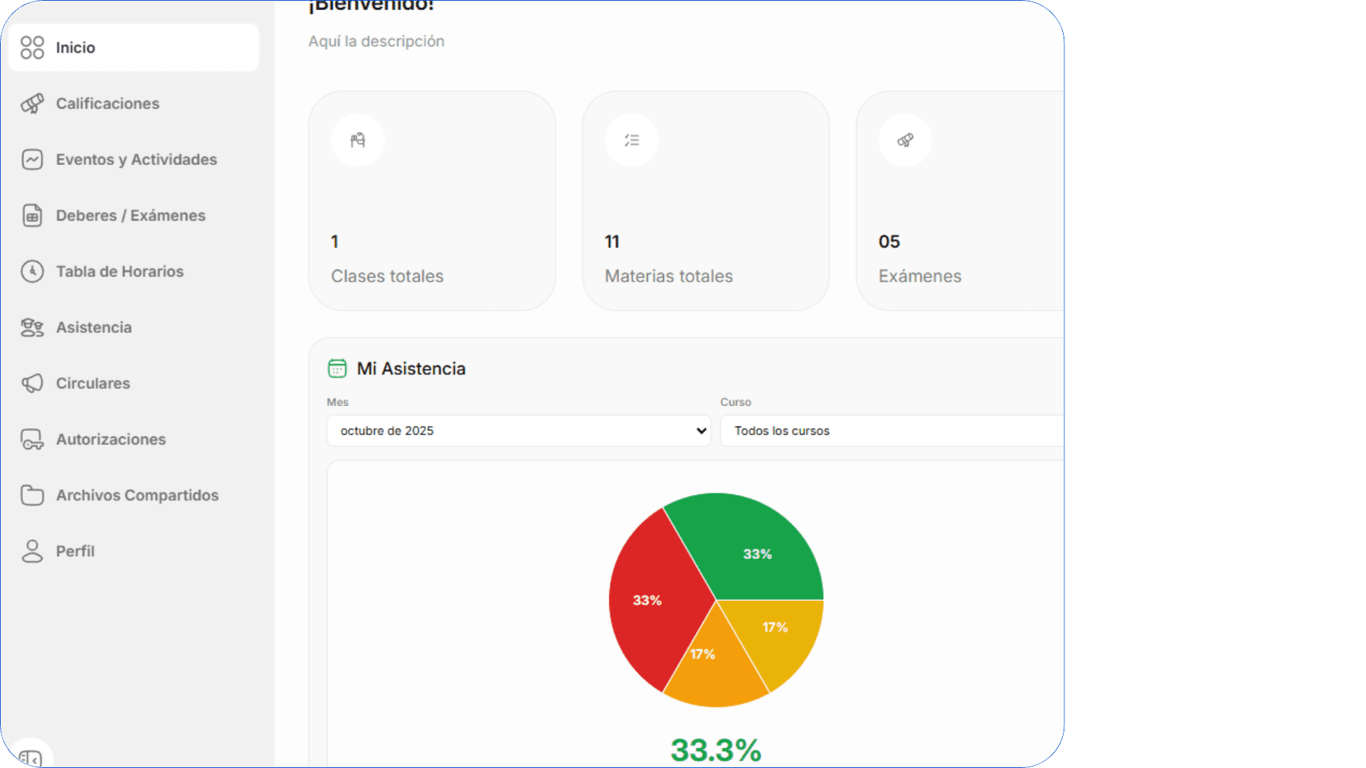 Vista de asistencia de EduNova con filtros de mes y curso y resumen gráfico